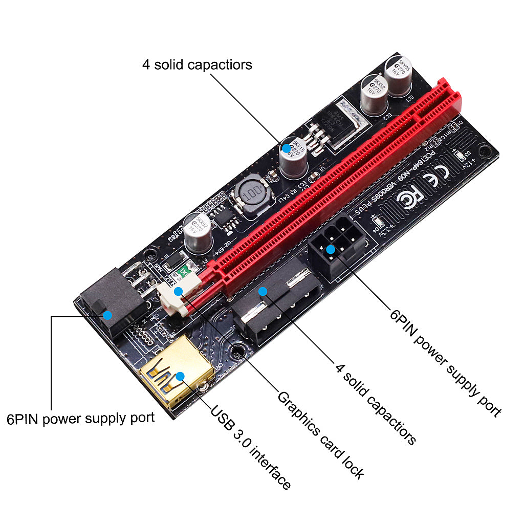Eleboat® 2 Pack Pi+ VER009S Gold PCI-E 6Pin 1X to 16X Powered Pcie Riser Adapter Card Eleboat® 2 Pack Pi+ VER009S Gold PCI-E 6Pin 1X to 16X Powered Pcie Riser Adapter Card